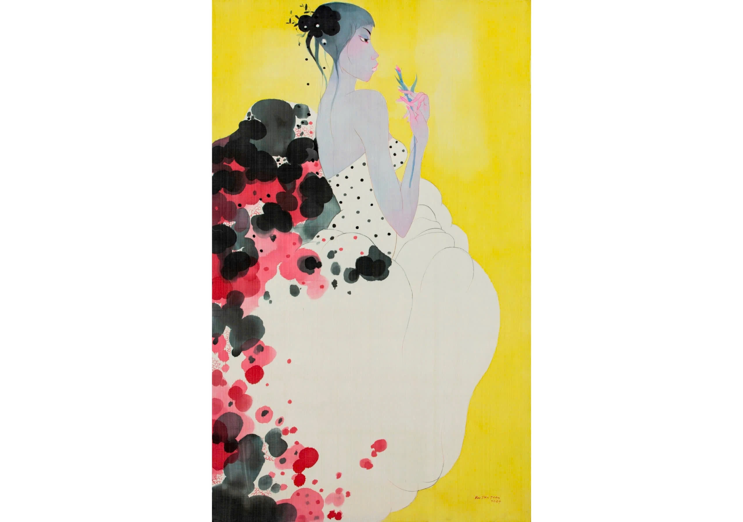 Bùi Tiến Tuấn, Tuổi mộng mơ, mực và acrylic trên lụa, 140x84cm, 2024. Ảnh: NVCC 