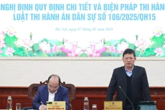 Thứ trưởng Tư pháp Mai Lương Khôi phát biểu tại cuộc họp Tổ soạn thảo Nghị định quy định chi tiết một số điều và biện pháp thi hành Luật Thi hành án dân sự số 106/2025/QH15. (Ảnh: TL)