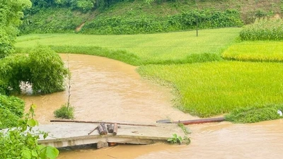 Mưa lũ gây ngập, hư hại cầu tràn tại xã Cẩm Giàng, huyện Bạch Thông. (Ảnh: THU TRANG)
