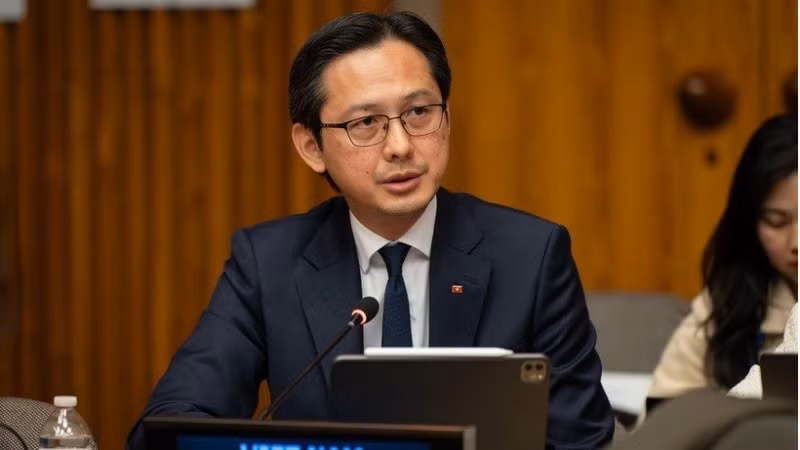 Đại sứ Đỗ Hùng Việt, Trưởng Phái đoàn thường trực Việt Nam tại Liên hợp quốc phát biểu tại phiên họp. (Ảnh: TTXVN)