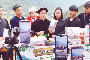 Phiên livestream bán hàng nông sản tại Làng sáng tạo nội dung số, xã Lâm Bình.