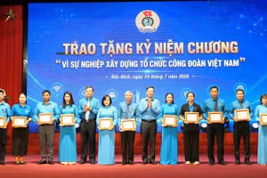Trao tặng Kỷ niệm chương "Vì sự nghiệp xây dựng tổ chức Công đoàn Việt Nam" cho các cá nhân tại hội nghị.