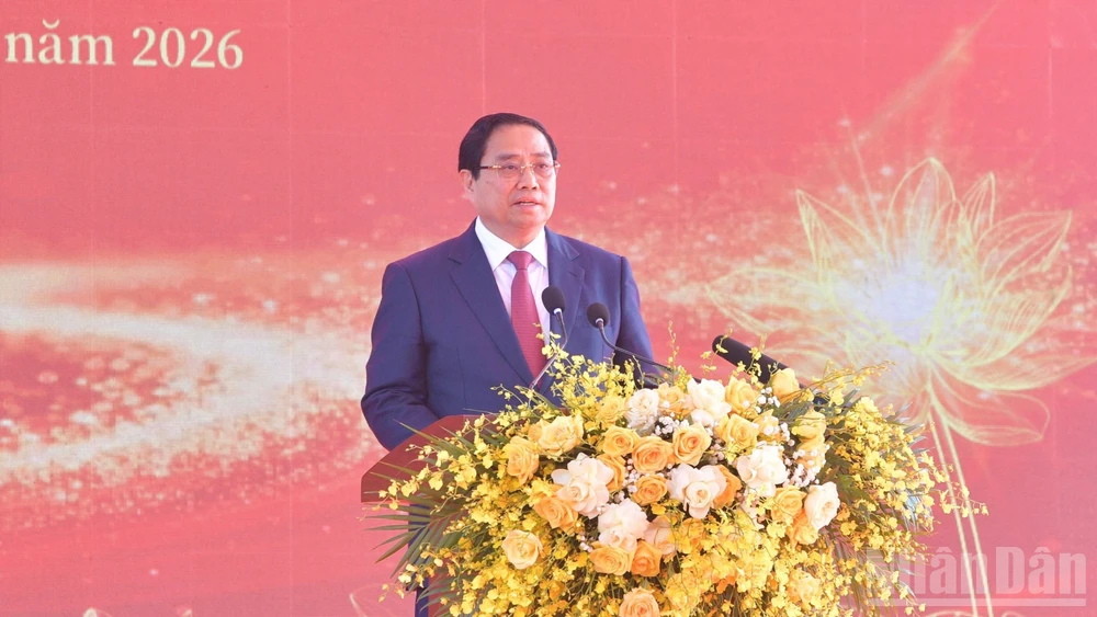 Thủ tướng Phạm Minh Chính phát biểu ý kiến tại Lễ kỷ niệm 120 năm Ngày sinh Thủ tướng Phạm Văn Đồng. (Ảnh: Thanh Giang)