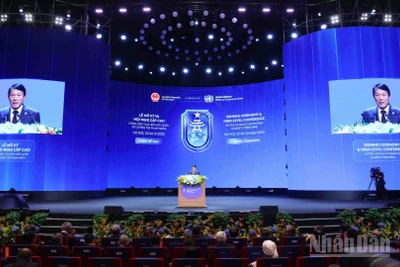 Bộ trưởng Công an Lương Tam Quang phát biểu bế mạc Lễ mở ký Công ước Hà Nội. (Ảnh: THỦY NGUYÊN)