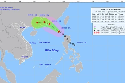 Bản đồ dự báo quỹ đạo và cường độ bão phát lúc 14 giờ ngày 18/9.