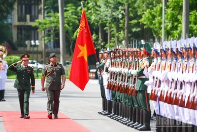Đại tướng Nguyễn Tân Cương chủ trì lễ đón chính thức Tư lệnh Quân đội Hoàng gia Brunei Dato Paduka Seri Haji Muhammad Haszaimi Bin Bol Hassan. (Ảnh: THẾ ĐẠI)