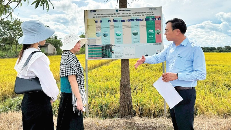 Đại diện Trung tâm Khuyến nông tỉnh Đắk Lắk trao đổi về các chương trình canh tác lúa giảm phát thải tại Trại lúa giống Hòa Xuân. (Ảnh MINH ANH)