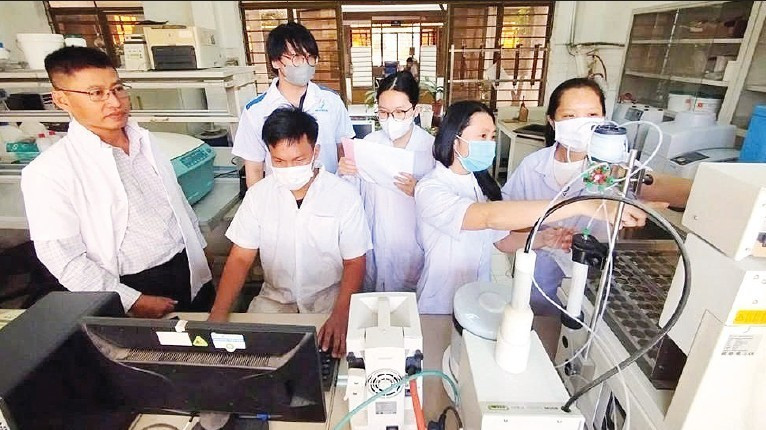 Tiến sĩ Bùi Đình Thạch (ngoài cùng bên trái) trao đổi với nhóm nghiên cứu về tác dụng của cây ngải trắng. (Ảnh: VAST)