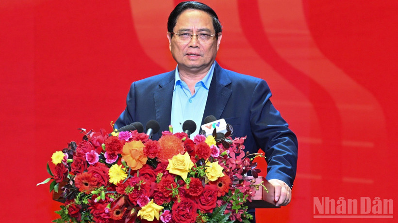 Thủ tướng Chính phủ Phạm Minh Chính phát biểu tại Đại hội Thi đua yêu nước ngành Ngân hàng lần thứ IX. (Ảnh: Trần Hải)