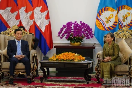 Phó Trưởng Ban Tuyên giáo và Dân vận Trung ương Đảng Cộng sản Việt Nam Triệu Tài Vinh chào xã giao Samdech Men Sam An. (Ảnh: ĐINH TRƯỜNG)