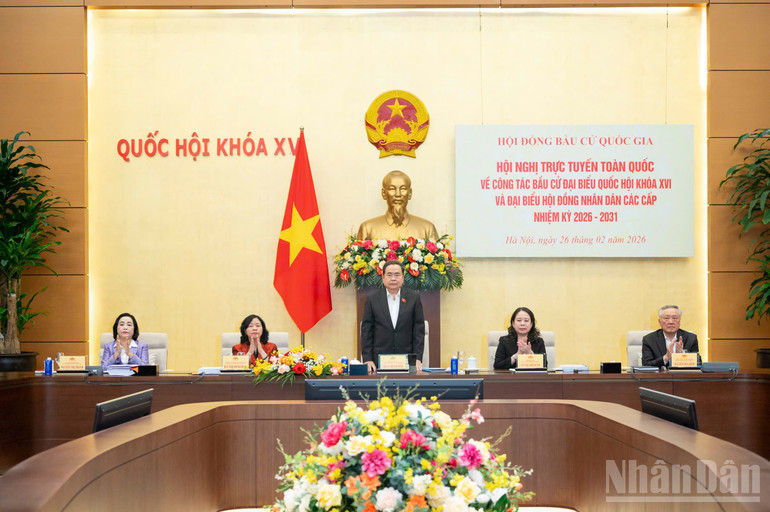 Chủ tịch Quốc hội Trần Thanh Mẫn chủ tr&igrave; Hội nghị trực tuyến to&agrave;n quốc triển khai c&ocirc;ng t&aacute;c bầu cử. (Ảnh: DUY LINH)