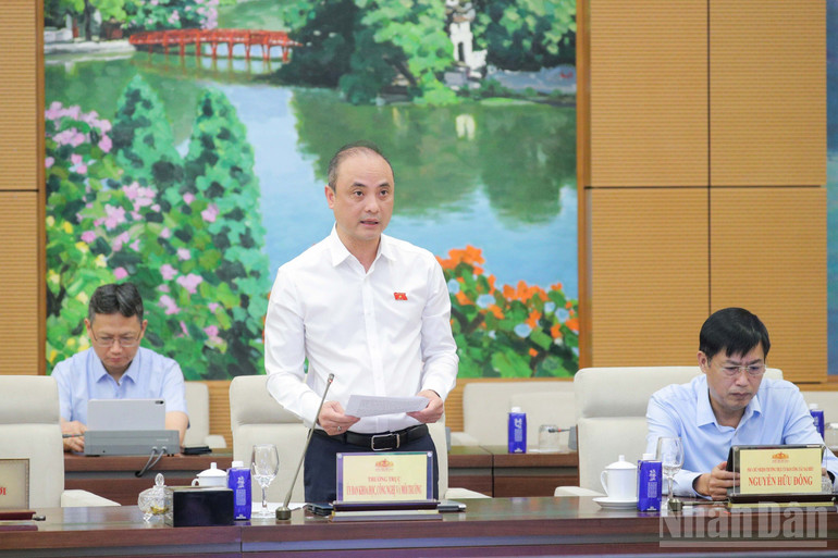 Phó Chủ nhiệm Ủy ban Khoa học, Công nghệ và Môi trường Nguyễn Phương Tuấn trình bày báo cáo thẩm tra dự án Luật. (Ảnh: DUY LINH) ndo_br_pho-chu-nhiem-uy-ban-khoa-hoc-cong-nghe-va-moi-truong-nguyen-phuong-tuan-1.jpg
