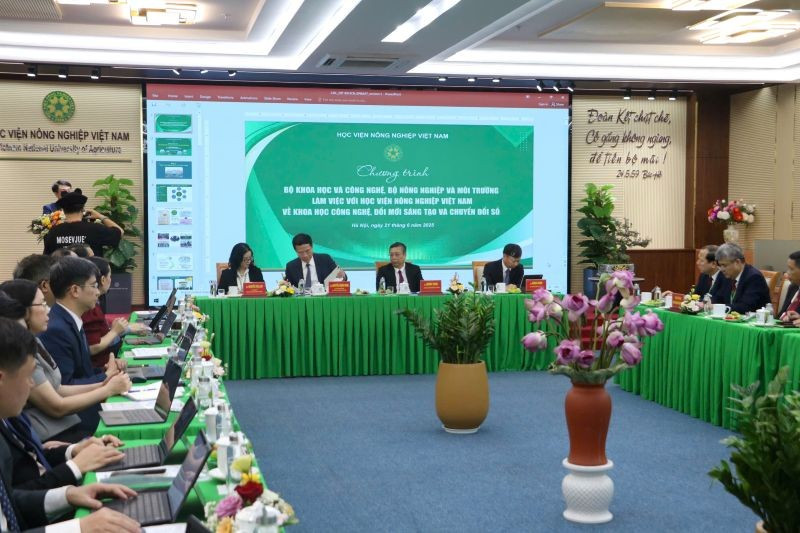 Bộ trưởng Khoa học và Công nghệ Nguyễn Mạnh Hùng, Thứ trưởng Nông nghiệp và Môi trường Hoàng Trung, Thứ trưởng Khoa học và Công nghệ Hoàng Minh trong buổi làm việc với Học viện Nông nghiệp Việt Nam chiều 21/6.