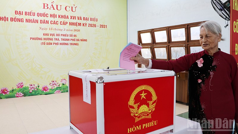 Cử tri Phan Thị Thao (sinh năm 1945), 60 năm tuổi Đảng là người đầu tiên bỏ phiếu bầu cử tại Tổ dân phố Hương Trung, phường Hương Trà, thành phố Đà Nẵng.