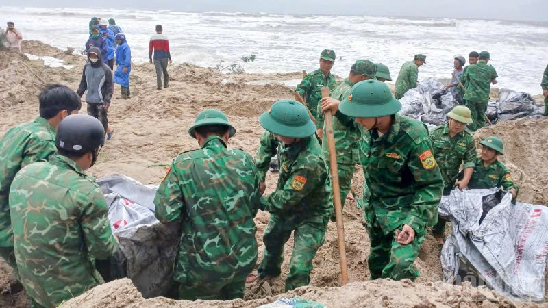 Các lực lượng hỗ trợ gia cố bờ biển Hội An.