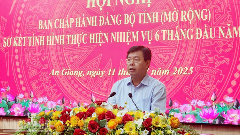 Ủy viên Trung ương Đảng, Bí thư Tỉnh ủy An Giang Nguyễn Tiến Hải phát biểu tại Hội nghị. ndo_bl_3.jpg
