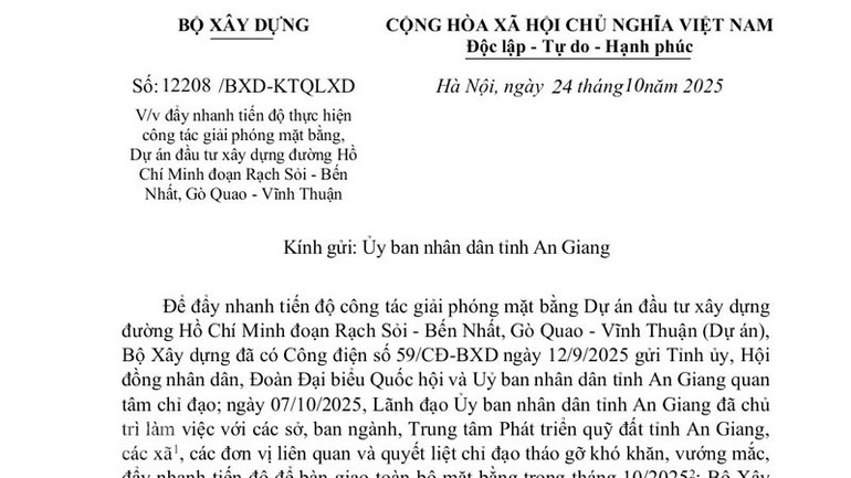 Văn bản Bộ Xây dựng gửi Ủy ban nhân dân tỉnh An Giang về đẩy nhanh tiến độ giải phóng mặt bằng đường Hồ Chí Minh đoạn Rạch Sỏi-Bến Nhất, Gò Quao-Vĩnh Thuận. ndo_bl_2-234.jpg