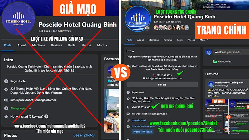 Trang fanpage của một cơ sở lưu trú ở Quảng Bình bị kẻ xấu mạo danh để lừa đảo khách hàng. (Ảnh: CTV)
