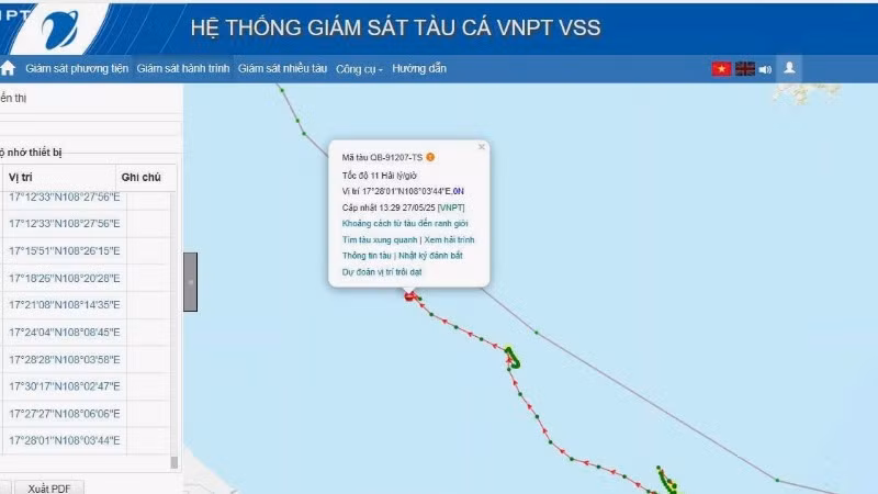 Vị trí ngư dân trên tàu cá Quảng Bình bị rơi xuống biển, mất tích.