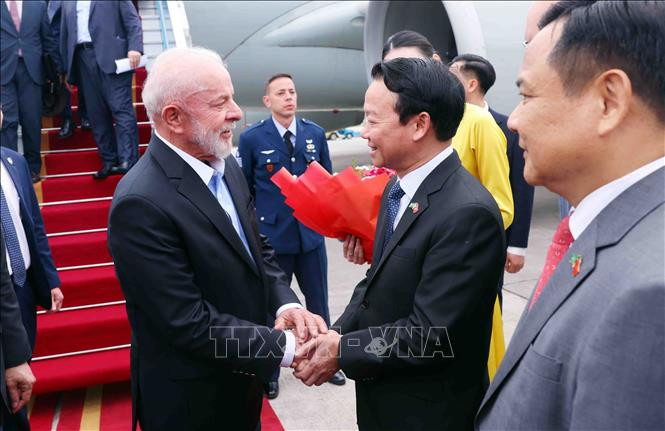 Bộ trưởng Nông nghiệp và Môi trường Đỗ Đức Duy đón Tổng thống Brazil Luiz Inácio Lula da Silva tại Sân bay quốc tế Nội Bài, Hà Nội. 