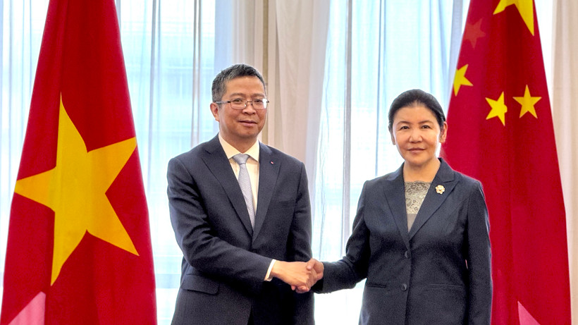 Đại sứ Phạm Thanh Bình bắt tay với Bộ trưởng Hạ Vinh.