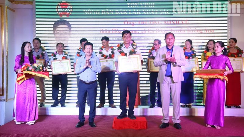 Lãnh đạo Ban Dân vận Tỉnh ủy và Hội Nông dân tỉnh Đắk Lắk trao giấy chứng nhận tôn vinh các nông dân xuất sắc.