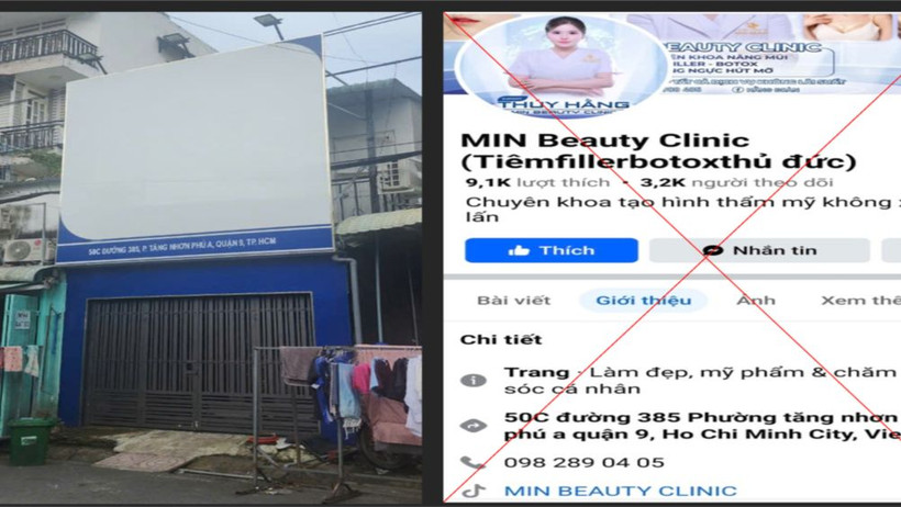 Hình ảnh cơ sở đóng cửa, dời đi sau khi xảy ra tai biến cho khách hàng và trang quảng cáo của MIN Beauty Academy tại địa chỉ số 50C Đường 385, Phường Tăng Nhơn Phú A.