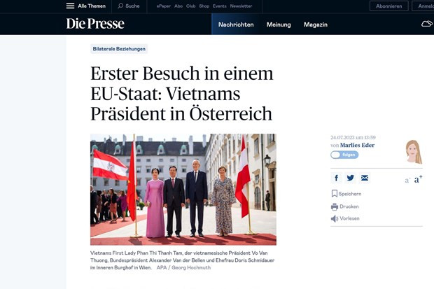 Trang tin diepresse.com đưa tin về chuyến thăm chính thức Áo của Chủ tịch nước Võ Văn Thưởng.