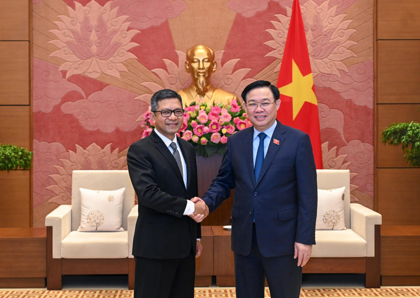 Chủ tịch Quốc hội Vương Đình Huệ và Đại sứ Indonesia Denny Abdi tại buổi tiếp. 