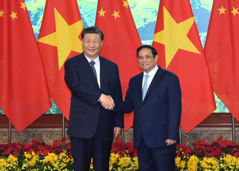 Thủ tướng Phạm Minh Chính đón Tổng Bí thư, Chủ tịch Trung Quốc Tập Cận Bình tại buổi hội kiến.