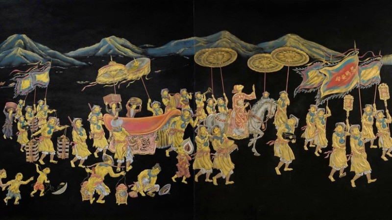 Tác phẩm sơn mài "Vinh quy bái tổ", kích thước 90x260 cm, của họa sĩ Nguyễn Khang (1911-1989).