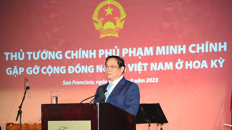 Thủ tướng Phạm Minh Chính phát biểu ý kiến tại buổi gặp mặt bà con cộng đồng người Việt Nam ở Hoa Kỳ.