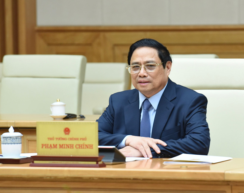  Thủ tướng Phạm Minh Chính phát biểu tại buổi tiếp ông Nikai Toshihiro, Chủ tịch Liên minh Nghị sĩ hữu nghị Nhật-Việt. (Ảnh: Trần Hải)