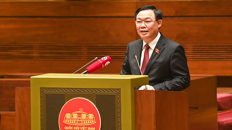 Chủ tịch Quốc hội Vương Đình Huệ phát biểu động viên, chia sẻ và chỉ đạo tại buổi gặp mặt. (Ảnh: DUY LINH)