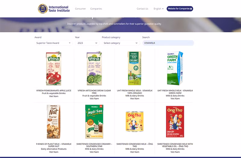 Vinamilk có 8 sản phẩm được trao giải từ 1 sao đến 3 sao bởi giải thưởng Superior Taste Award.