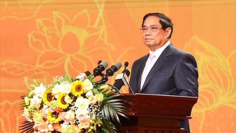 Thủ tướng Chính phủ Phạm Minh Chính phát biểu tại hội nghị sáng 8/10. (ẢNH: TRẦN HẢI)
