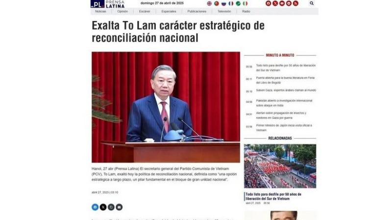 Prensa Latina trích đăng bài viết của Tổng Bí thư Tô Lâm với tiêu đề “Nước Việt Nam là một, dân tộc Việt Nam là một”. (Ảnh: TTXVN)