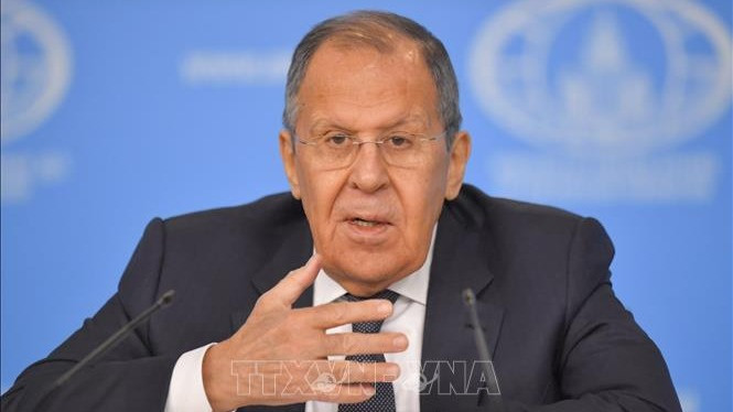Ngoại trưởng Nga Sergey Lavrov phát biểu tại cuộc họp báo ở thủ đô Moskva. (Ảnh: THX/TTXVN)