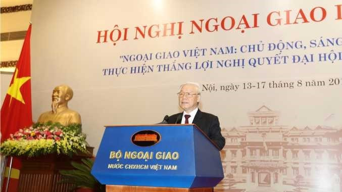 Tổng Bí thư Nguyễn Phú Trọng phát biểu tại Hội nghị Ngoại giao lần thứ 30, ngày 13/8/2018. (Ảnh: TTXVN)