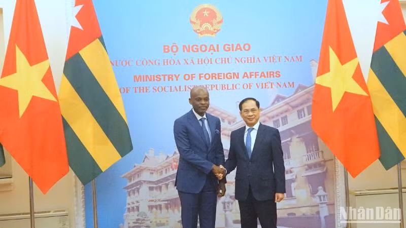 Phó Thủ tướng Chính phủ, Bộ trưởng Ngoại giao Bùi Thanh Sơn đón Bộ trưởng Ngoại giao, Hội nhập khu vực và Kiều dân Cộng hòa Togo Robert Dussey. (Ảnh: TRUNG HƯNG) 