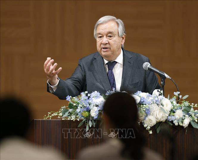 Tổng Thư ký LHQ Antonio Guterres phát biểu tại cuộc họp báo ở Hiroshima, Nhật Bản, ngày 6/8/2022. (Ảnh: Kyodo/ TTXVN)