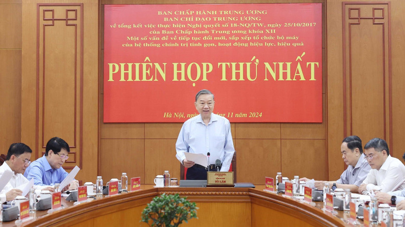 Tổng Bí thư Tô Lâm chủ trì cuộc họp của Ban Chỉ đạo Trung ương về tổng kết việc thực hiện Nghị quyết số 18-NQ/TW. (Ảnh: TTXVN) 