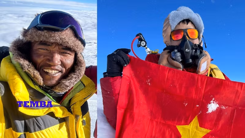 Nguyễn Mạnh Duy (phải) trở thành người Việt Nam đầu tiên chinh phục đỉnh Manaslu cao 8.163m thuộc dãy Himalaya. Đồng hành cùng anh trong thử thách này là hướng dẫn viên Sherpa giàu kinh nghiệm Temba Bhote (trái). (Ảnh: Himalaya Daily) 