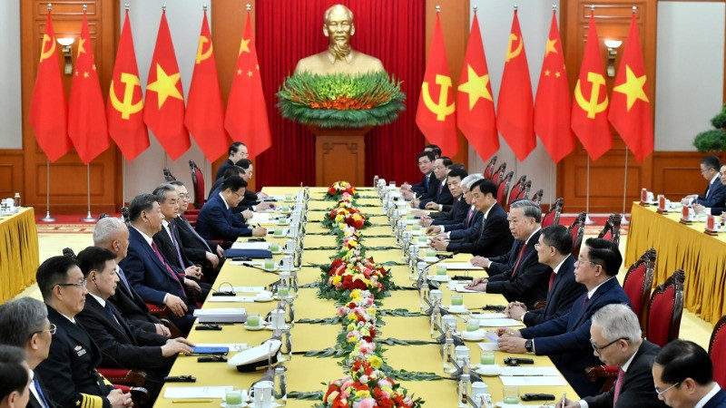 Quang cảnh hội đàm tại giữa Tổng Bí thư Tô Lâm và Tổng Bí thư, Chủ tịch Trung Quốc Tập Cận Bình tại Trụ sở Trung ương Đảng. (Ảnh: ĐĂNG KHOA) 