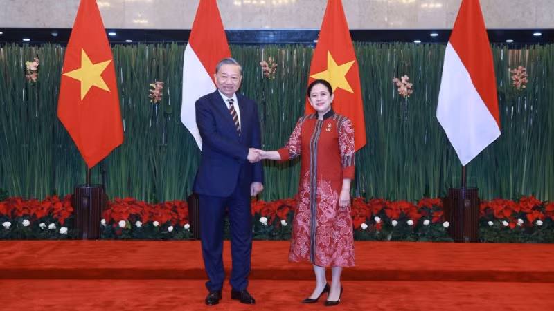 Tổng Bí thư Tô Lâm gặp Chủ tịch Hạ viện Indonesia Puan Maharani. (Ảnh: TTXVN)