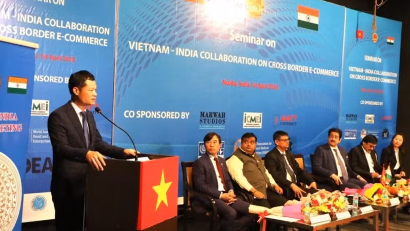 Ông Đỗ Quốc Hưng - Phó Vụ trưởng Vụ Phát triển thị trường nước ngoài, thuộc Bộ Công Thương, phát biểu khai mạc một hội thảo tại Ấn Độ. (Ảnh: TTXVN)