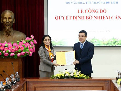 Thứ trưởng Trịnh Thị Thủy trao quyết định cho ông Nguyễn Anh Vũ. (Ảnh: TTXVN)