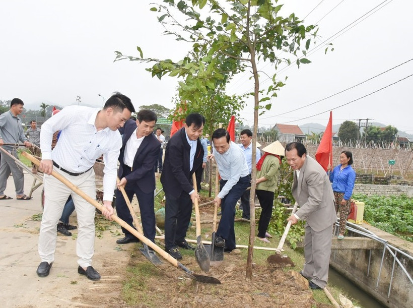 Lãnh đạo Hội Nông dân tỉnh Nghệ An và huyện Quỳnh Lưu, Hội Nông dân các địa phương trồng cây.