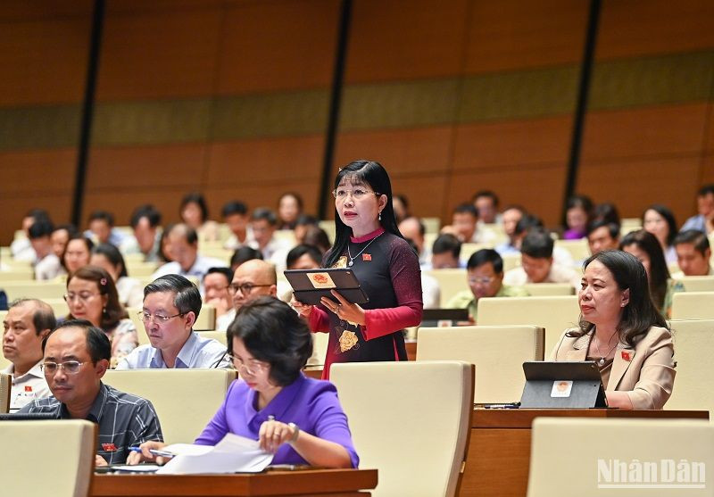 Đại biểu Trần Thị Thanh Hương (đoàn An Giang) góp ý kiến về vấn đề phân loại và tái chế rác thải rắn. (Ảnh: DUY LINH)