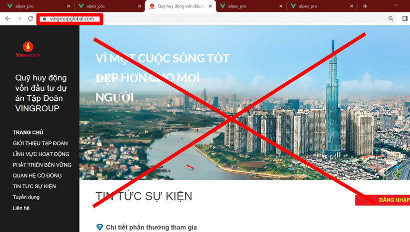 Một trong số những website giả mạo thương hiệu Vingroup. (Ảnh chụp màn hình)